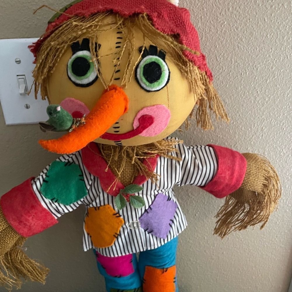 Vintage Handmade Fall Harvest Patchwork Scarecrow 20 inches tall
